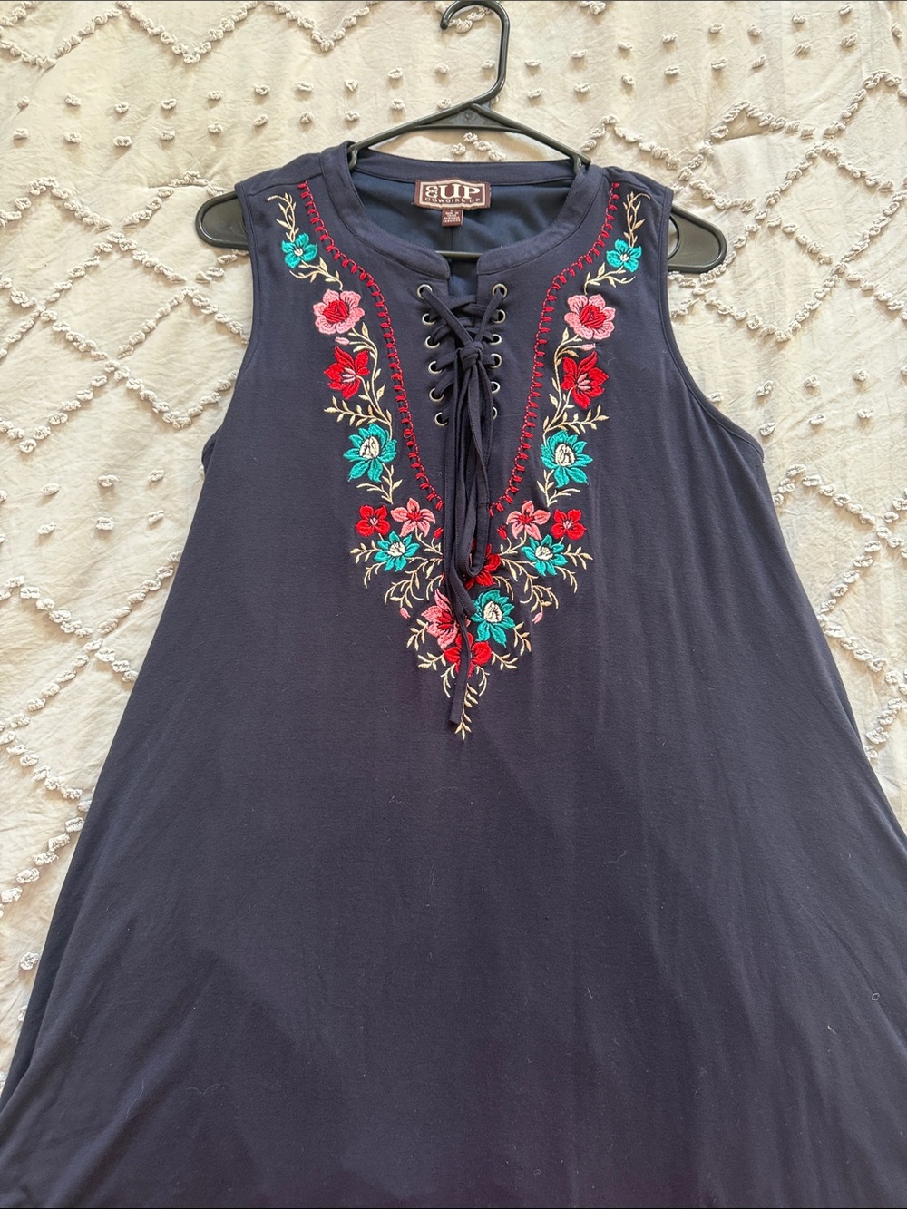 Cupio Navy Sleeveless Tunic with Red and Teal Floral Embroidery